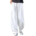 IXIMO Women's Linen Pants Casual Loose Fit Wide Leg Front Pleated Trousers, White, Large