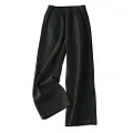 IXIMO Women's Linen Pants Elastic Pleated Wide Leg Straight Fit Palazzo Pants, Long Style Black, Large