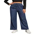 Women's Classic Denim Jeans Wide Leg Elastic High Waist Drawstring Pants with Pockets, Dark Blue, X-Large