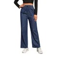 Women's Classic Denim Jeans Wide Leg Elastic High Waist Drawstring Pants with Pockets, Dark Blue, X-Large