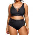 Yonique Two Piece Plus Size Swimsuit for Women High Waisted Bikini Set Tummy Control Bathing Suits, Black, 20 Plus