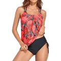 Holipick Two Piece Tankini Swimsuits for Women Tummy Control Bathing Suits Athletic Blouson Swim Tank Top with Shorts, Red Floral, 20 Plus