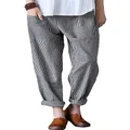 Minibee Women's Wide Leg Harem Pants Cotton Linen Striped Casual Palazzo Pants with Pockets, Style 2 Stripes-gray, Medium