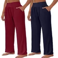 Neer 2 Pcs Women's Wide Leg Yoga Sweatpants High Waist Lounge Pants Loose Workout Pant Casual Athletic Pant with Pockets, Wine Red, Navy Blue, X-Large