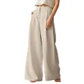 Les umes Women's Cotton Linen Casual High Wasit Wide Leg Long Pants Loose Solid Color Button Up Trousers with Pocket, Khaki, Small