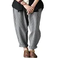 Minibee Women's Wide Leg Harem Pants Cotton Linen Striped Casual Palazzo Pants with Pockets, Dark Gray, Large