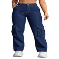 PEIHOT Women's Straight Leg Cargo Pants wiht Flap Pockets Relaxed Fit Wide Leg Jeans Baggy Denim Pants, 112-dark Blue, X-Large