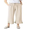 Minibee Women's Linen Cropped Pants Drawstring Waist Wide Leg Trousers with Frog Button (M, Beige)