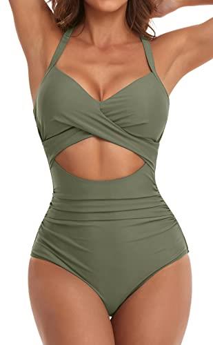 Eomenie Women's One Piece Swimsuits Tummy Control Cutout High Waisted Bathing Suit Wrap Tie Back 1 Piece Swimsuit, Green, XX-Large