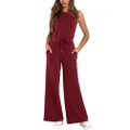 Glamaker Women's Air Essentials Jumpsuit Casual Loose Wide Leg Jumpsuit Rompers Crew Neck Sleeveless Long Pants Tank Overalls, #Wine Red, X-Large