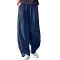 IXIMO Women's Linen Pants Casual Loose Fit Wide Leg Front Pleated Trousers, Navy, Medium