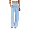 PLNOTME Women's High Waisted Jeans Boyfriend Baggy Straight Leg Casual Denim Pants, Light Blue, 12