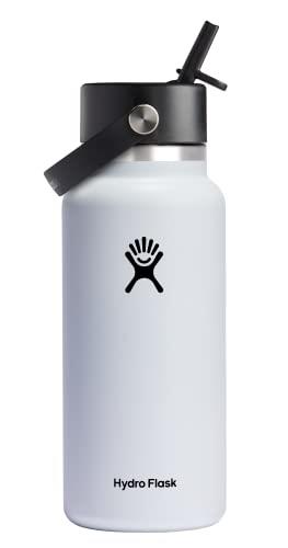 Hydro Flask 32 oz Wide Mouth with Flex Straw Cap Stainless Steel Reusable Water Bottle White - Vacuum Insulated, Dishwasher Safe, BPA-Free, Non-Toxic