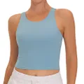 THE GYM PEOPLE Women's Racerback Longline Sports Bra Removable Padded High Neck Workout Yoga Crop Tops, Denim Blue, Small