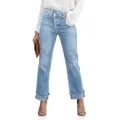 PLNOTME Women's High Waisted Straight Leg Jeans Crossover Stretch Casual Cuffed Denim Pants, Pastel Blue, Large