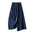 Gihuo Women' s Culottes Linen Blend Wide Leg Pants Elastic Waist Casual Palazzo Trousers with Pockets Capris, Navy, Medium