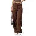 SCUSTY Women's Vintage Corduroy High Elastic Waist Wide Leg Pocketed Pants Trouser, Brown, X-Large