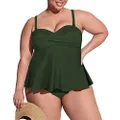 Sovoyontee Women Plus Size Tankini Swimsuit Two Piece Flowy Ruffle Bathing Suits Tummy Control Swimwear, Army Green, X-Large Plus