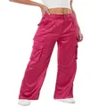 Women's Satin Cargo Wide Leg Pants Silky Party Dressy Casual Pocketed Pant Long Trouser, Pink Red, Small