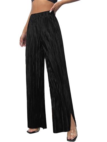 CXXQ Women's Pleated Wide Leg Pants Elastic High Waist Flowy Dress Long Palazzo Pants Regualr Size, New Black, X-Small