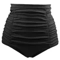Tempt Me Women's High Waisted Swim Bottom Shirred Bikini Tankini Swimsuit Briefs Tummy Control Swim Shorts Black S