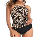Tempt Me Women Dark Leopard High Neck Tankini Swimsuit Tummy Control Top with Black Bottom Two Piece Bathing Suits XS