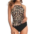 Tempt Me Women Dark Leopard High Neck Tankini Swimsuit Tummy Control Top with Black Bottom Two Piece Bathing Suits XS