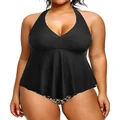Holipick Plus Size Two Piece Swimsuits High Waisted Bathing Suits for Women Tummy Control Halter Tankini with Shorts, Black and Leopard, 18 Plus