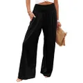 loveimgs Women's Boho Cotton Linen Wide Leg Lounge Pants Elastic Waist Beach Palazzo with Pocket, Black, X-Large