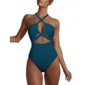 Hilor Women's One Piece Swimsuit Sexy Cutout Halter Bathing Suits Crossover High Cut Monokini Swimwear, Moroccan Blue, 18
