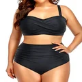 Yonique Women Plus Size Two Piece Swimsuits High Waisted Bathing Suits Bandeau Bikini Tummy Control Swimwear, Black, 16 Plus