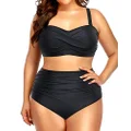 Yonique Women Plus Size Two Piece Swimsuits High Waisted Bathing Suits Bandeau Bikini Tummy Control Swimwear, Black, 16 Plus