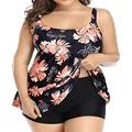 Holipick Plus Size Two Piece Tankini Swimsuits for Women Tummy Control Bathing Suits Scoop Neck Tankini Top with Boy Shorts, Black Floral, 26 Plus