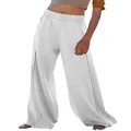 Faleave Women's Casual Palazzo Pants High Waist Flowy Wide Leg Lounge Pants Trousers with Pockets, White, Large