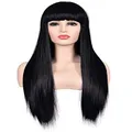 morvally Women's 26" Long Straight Black Synthetic Resistant Hair Wigs with Bangs Natural Looking Wig for Women Halloween Cosplay