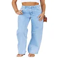PLNOTME Women's High Waisted Jeans Boyfriend Baggy Straight Leg Casual Denim Pants, Light Blue, 4