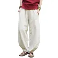 IXIMO Women's Linen Wide Leg Pants Loose Fit Bloomers Trousers with Elastic Waist Style3 Beige XL