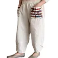 Minibee Women's Baggy Linen Wide Leg Trousers Casual Patchwark Elastic Waist Harem Pants Linen L