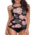 Holipick Women Black Flower Plus Size Tankini Swimsuits High Neck Halter Tummy Control Two Piece Bathing Suits 20 Plus