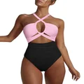 Hilor Women's One Piece Swimsuit Sexy Cutout Halter Bathing Suits Crossover High Cut Monokini Swimwear, Pink&black, 14