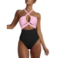 Hilor Women's One Piece Swimsuit Sexy Cutout Halter Bathing Suits Crossover High Cut Monokini Swimwear, Pink&black, 14