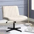 PUKAMI Criss Cross Chair,Armless Cross Legged Office Desk Chair No Wheels,Fabric Padded Comfy Modern Swivel Height Adjustable Mid Back Wide Seat Computer Task Vanity Chair for Home Office(Beige)