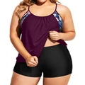 Holipick Women Plus Size Two Piece Tankini Set Swimsuits Tummy Control Bathing Suits Push Up Tankini Top with Boy Shorts, Black Purple, 16 Plus