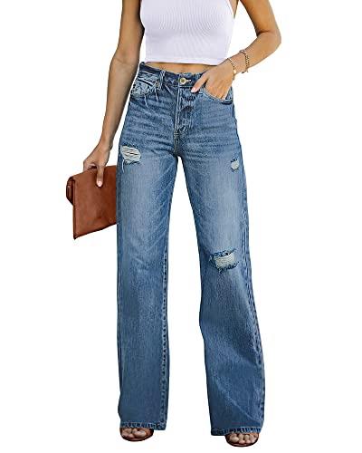 Utyful Women's High Waisted Ripped Jeans Casual Bootcut Distressed Flare Denim Pants 0-Dark Blue Medium