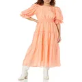 MOON RIVER Women's Puff Sleeve Shirred Tiered Midi Dress, Pink, Large