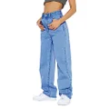 PLNOTME Women's High Waisted Boyfriend Baggy Jeans Straight Leg Casual Denim Pants, Blue, 4