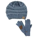 C.C Unisex Soft Stretch Cable Knit Beanie and Anti-Slip Touchscreen Gloves 2 Pc Set, Dark Denim Metallic