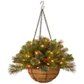 National Tree Company Pre-lit Artificial Christmas Hanging Basket | Flocked with Mixed Decorations and White LED Lights | Crestwood Spruce, 16 Inch