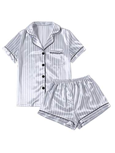 LYANER Women's Striped Silky Satin Pajamas Short Sleeve Top with Shorts Sleepwear PJ Set Grey X-Small