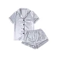 LYANER Women's Striped Silky Satin Pajamas Short Sleeve Top with Shorts Sleepwear PJ Set Grey X-Small